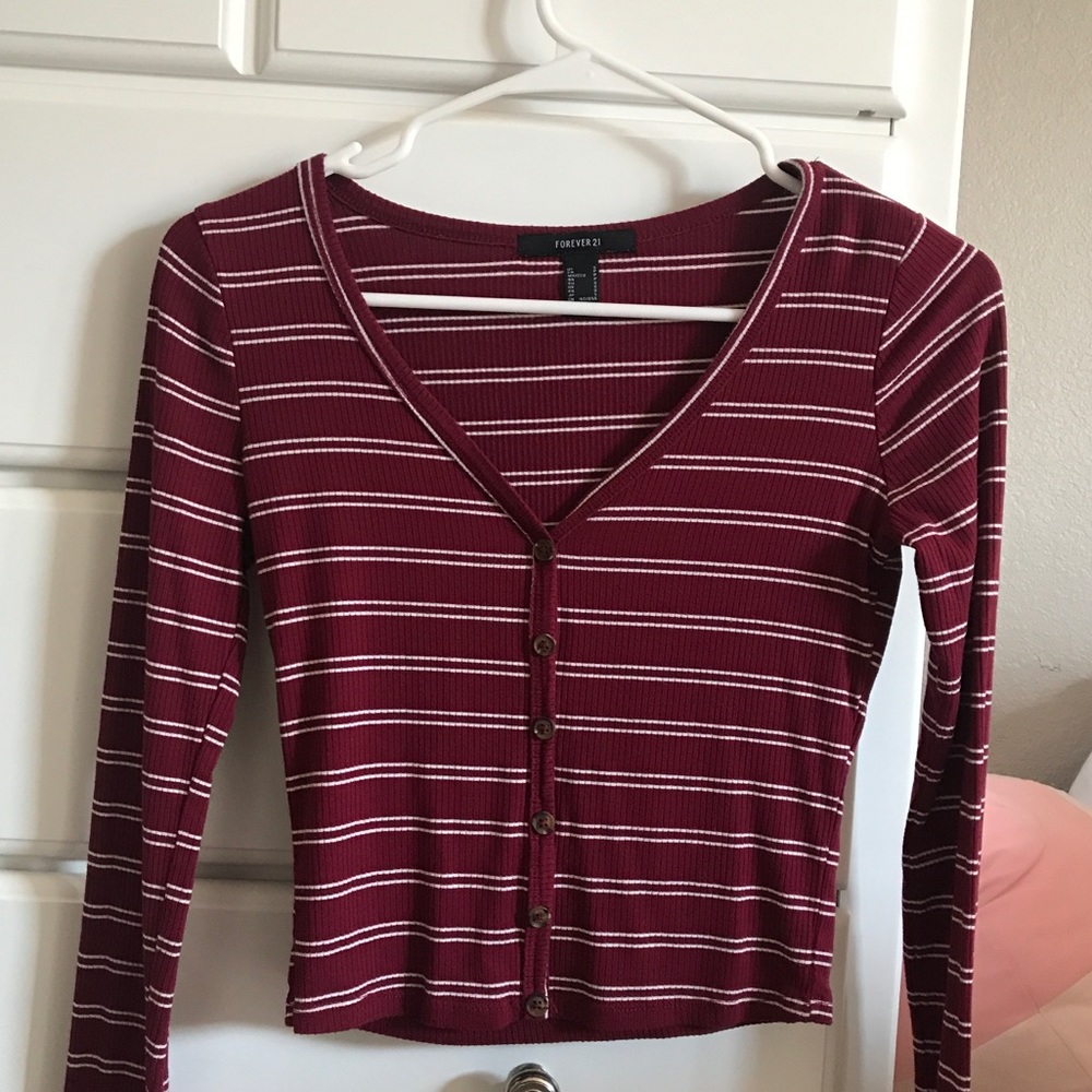 Forever21 Red/White Stripped Ribbed Crop Cardigan